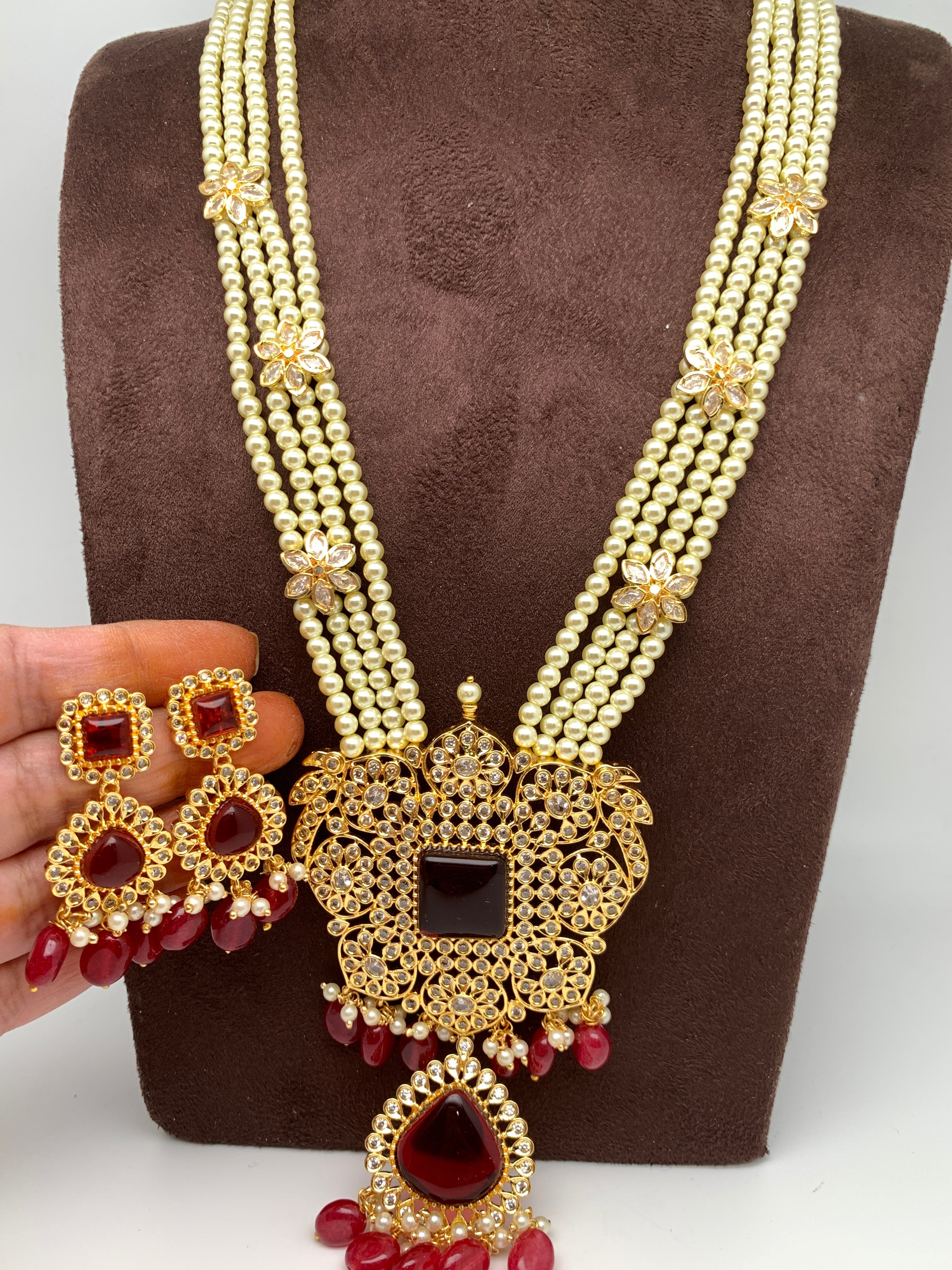 Red Stone CZ Red Beads and Pearl Long Rani Haar Sheetal s FabFashion