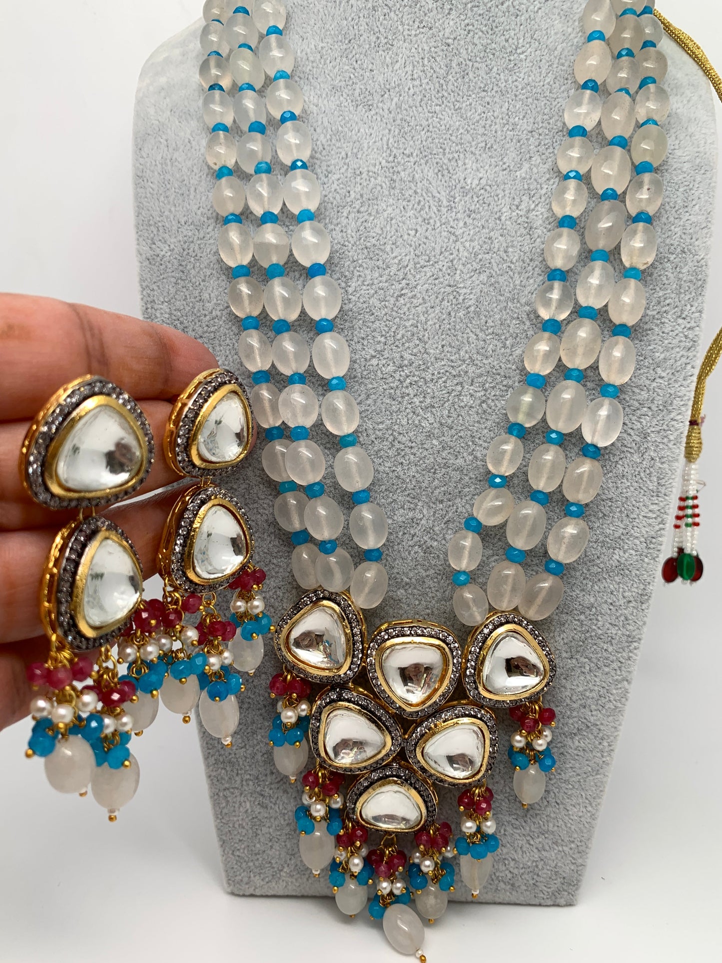 Kundan Dual Tone Victorian Gold Polish Pendent with Milky White Beads Necklace Set