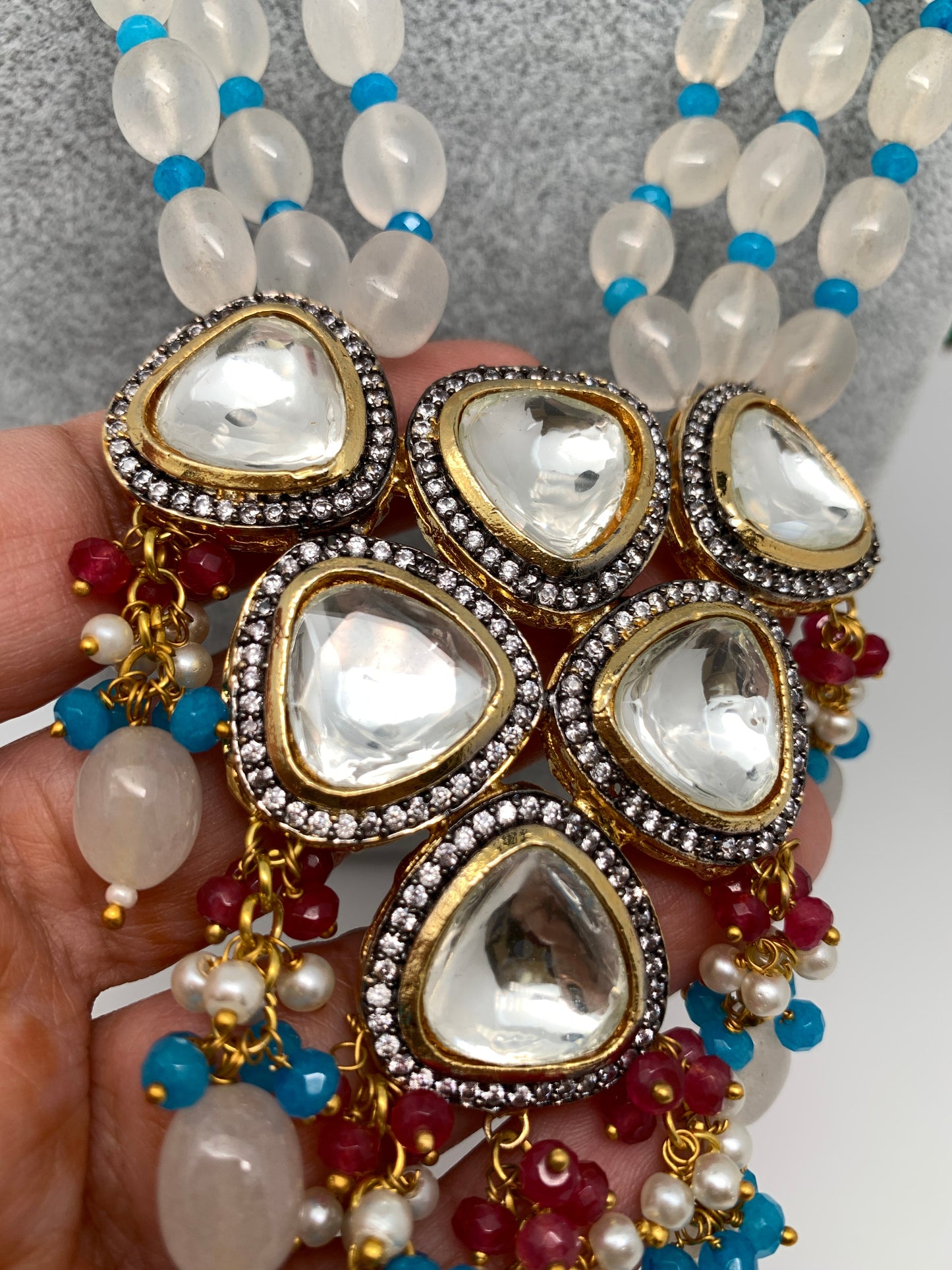 Kundan Dual Tone Victorian Gold Polish Pendent with Milky White Beads Necklace Set