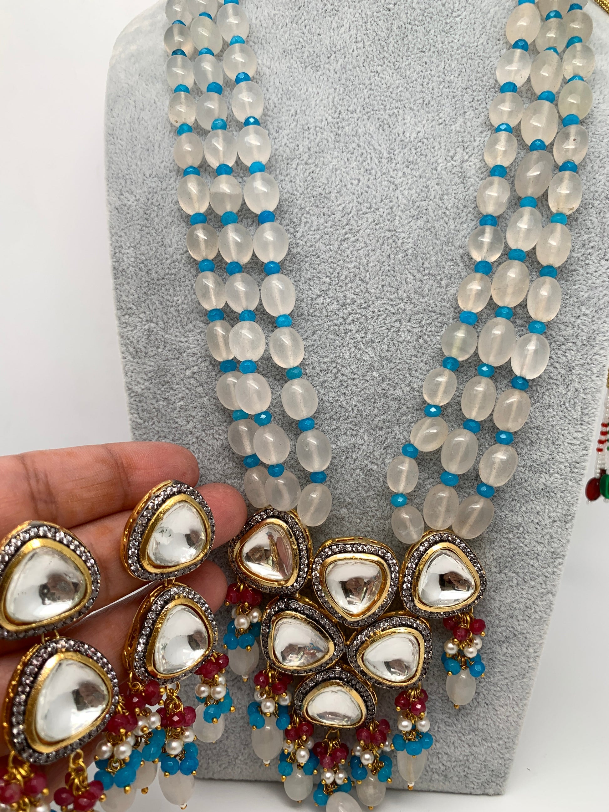 Kundan Dual Tone Victorian Gold Polish Pendent with Milky White Beads Necklace Set