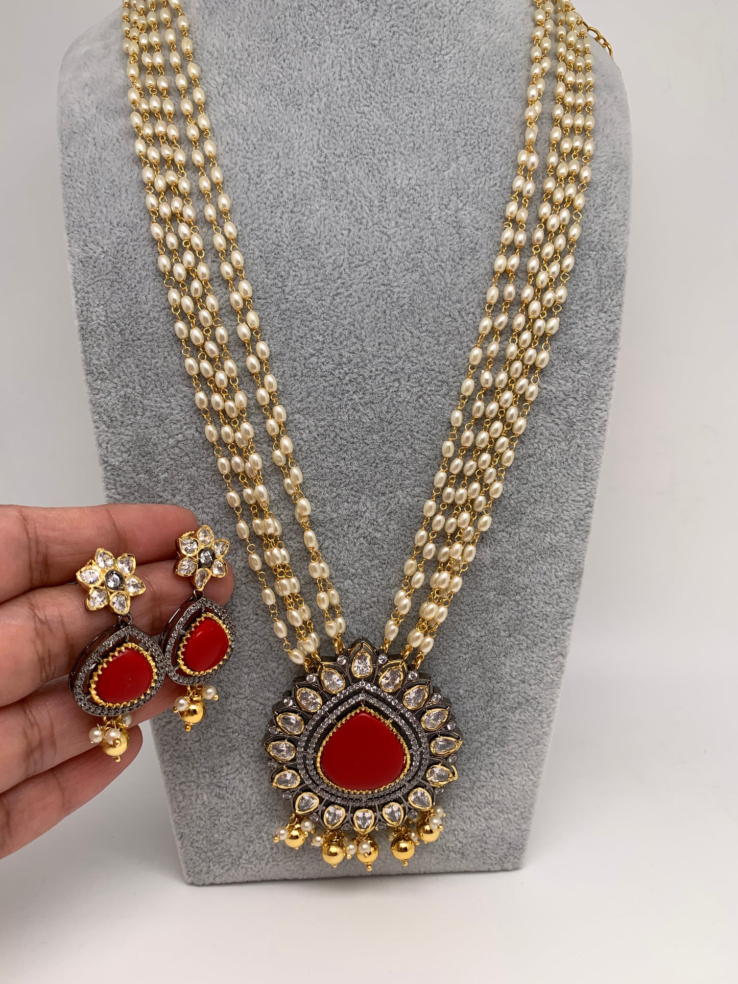 Coral Stone Victorian Finish Pendent Rice Pearls Rani Haar