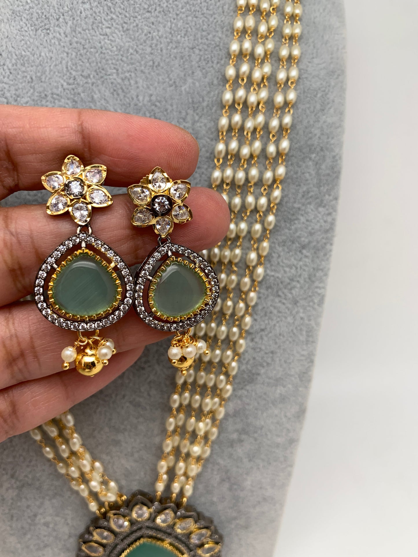 Mint Green Stone Victorian Finish Pendent Rice Pearls Rani Haar
