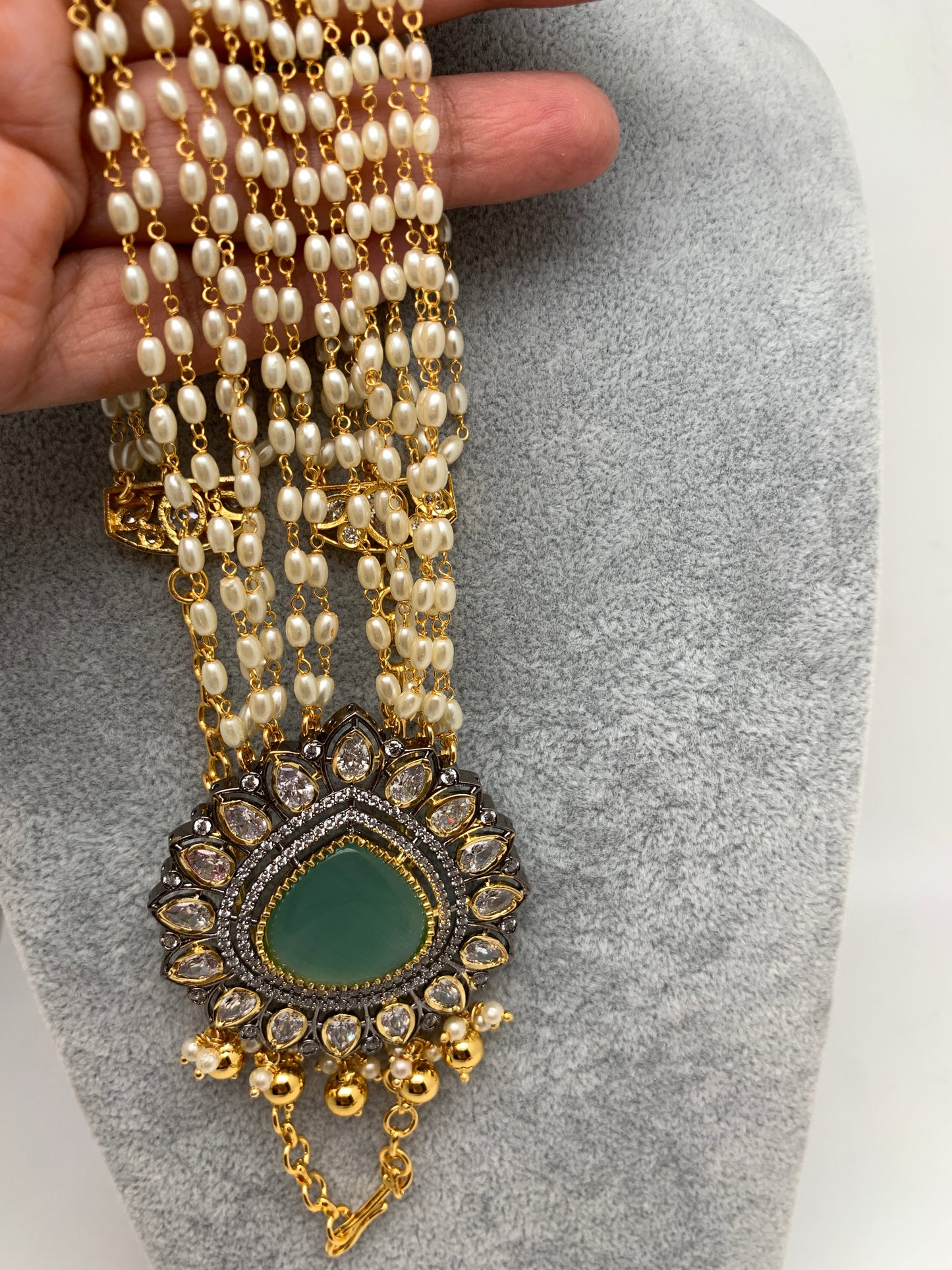 Mint Green Stone Victorian Finish Pendent Rice Pearls Rani Haar