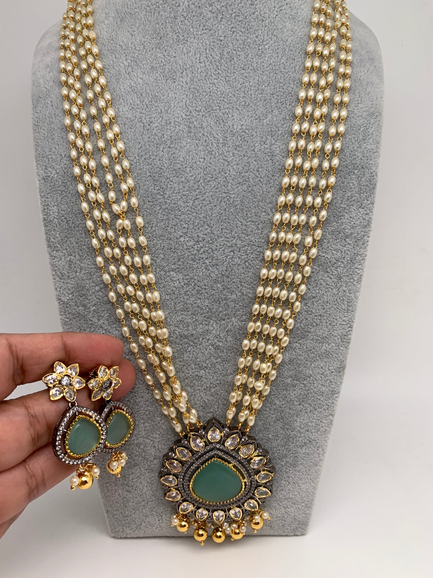 Mint Green Stone Victorian Finish Pendent Rice Pearls Rani Haar