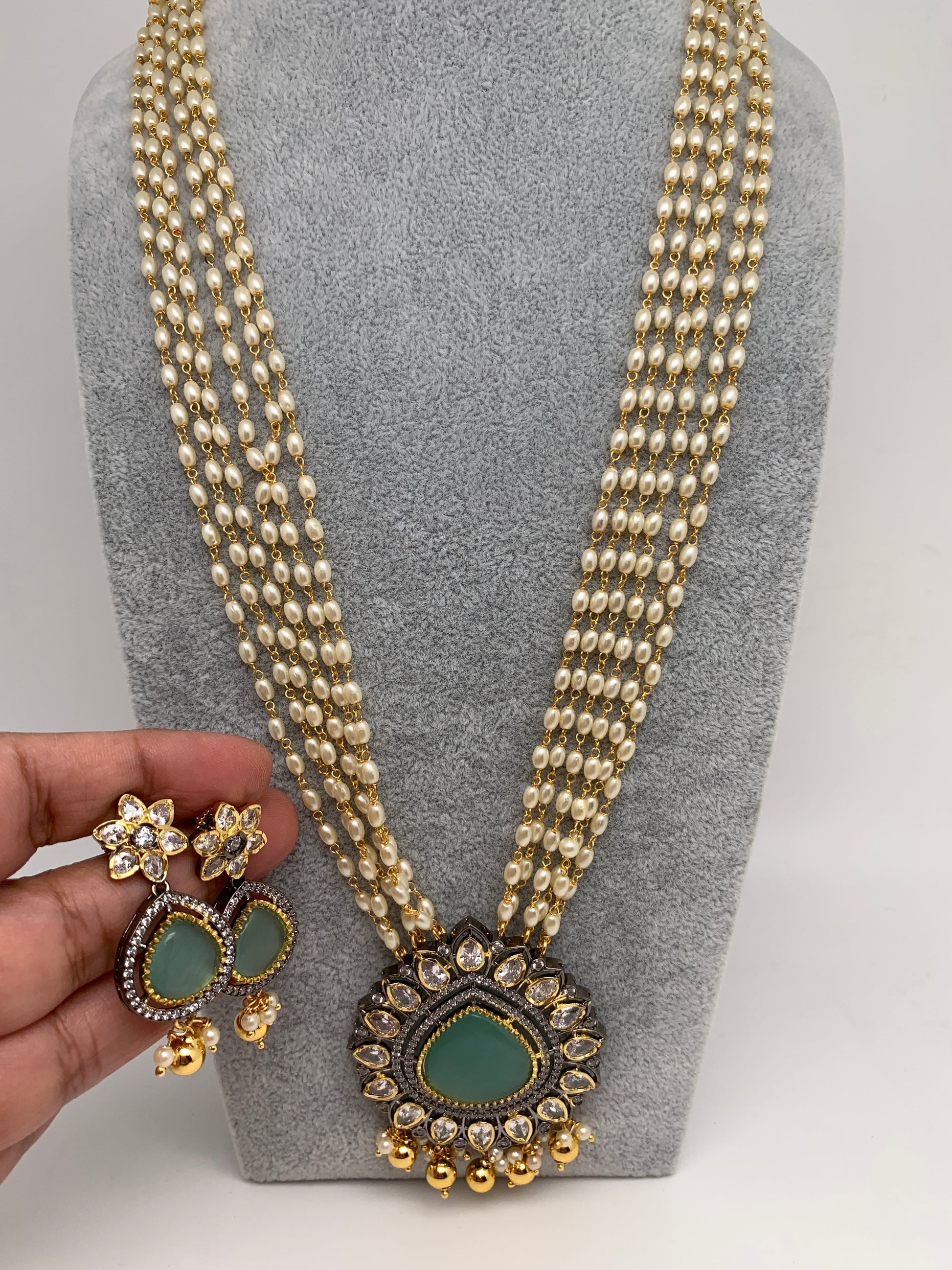 Mint Green Stone Victorian Finish Pendent Rice Pearls Rani Haar