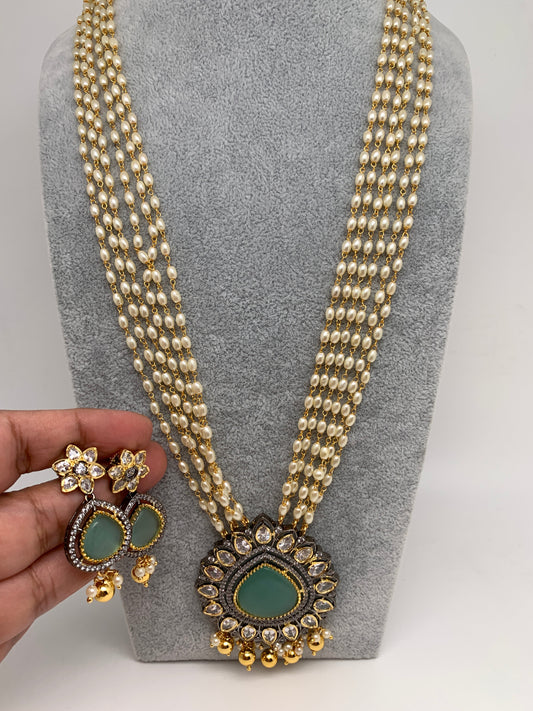 Mint Green Stone Victorian Finish Pendent Rice Pearls Rani Haar
