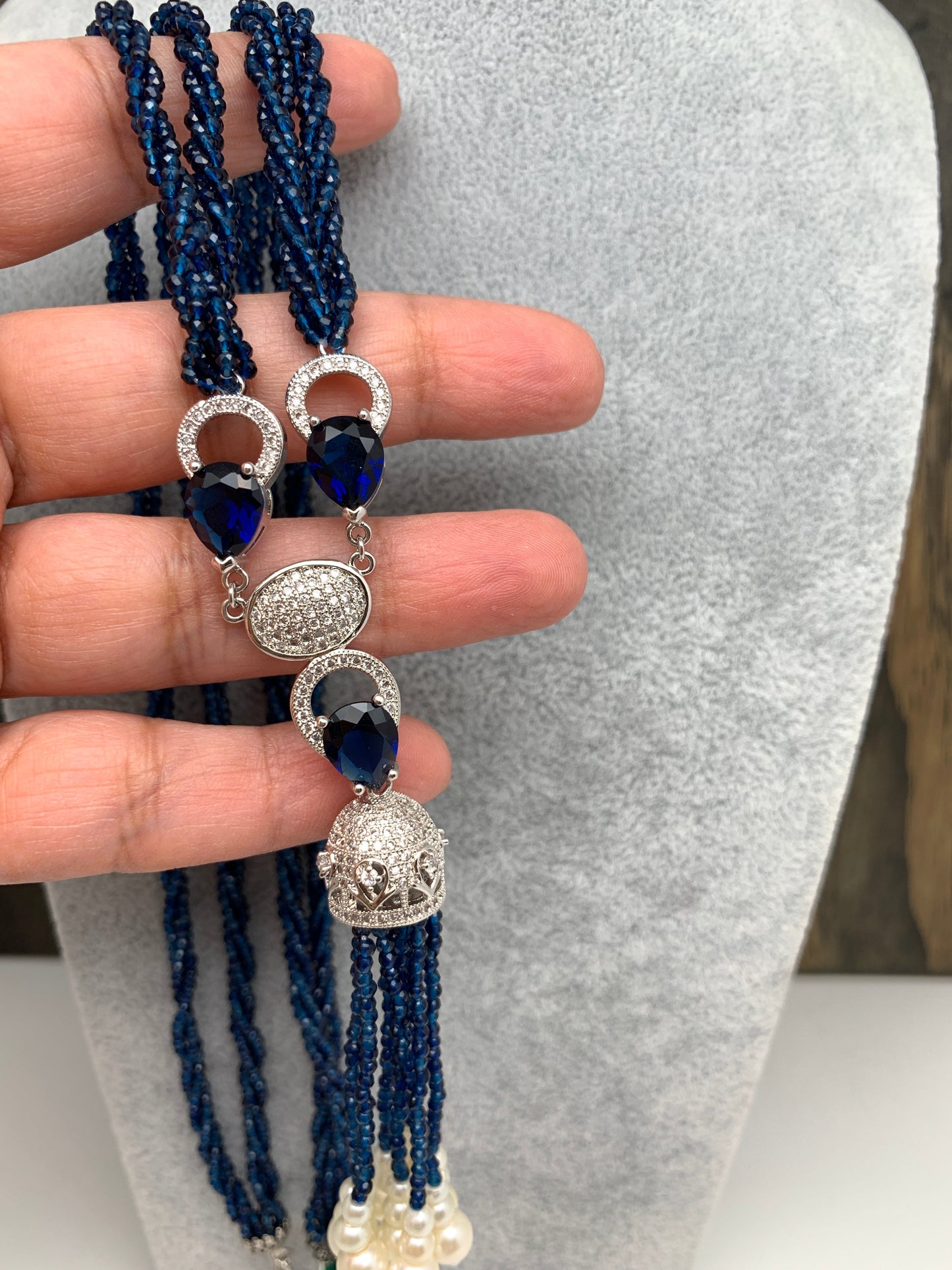 Blue Stone Pendent Twisted Blue Hydro Beads Long Necklace