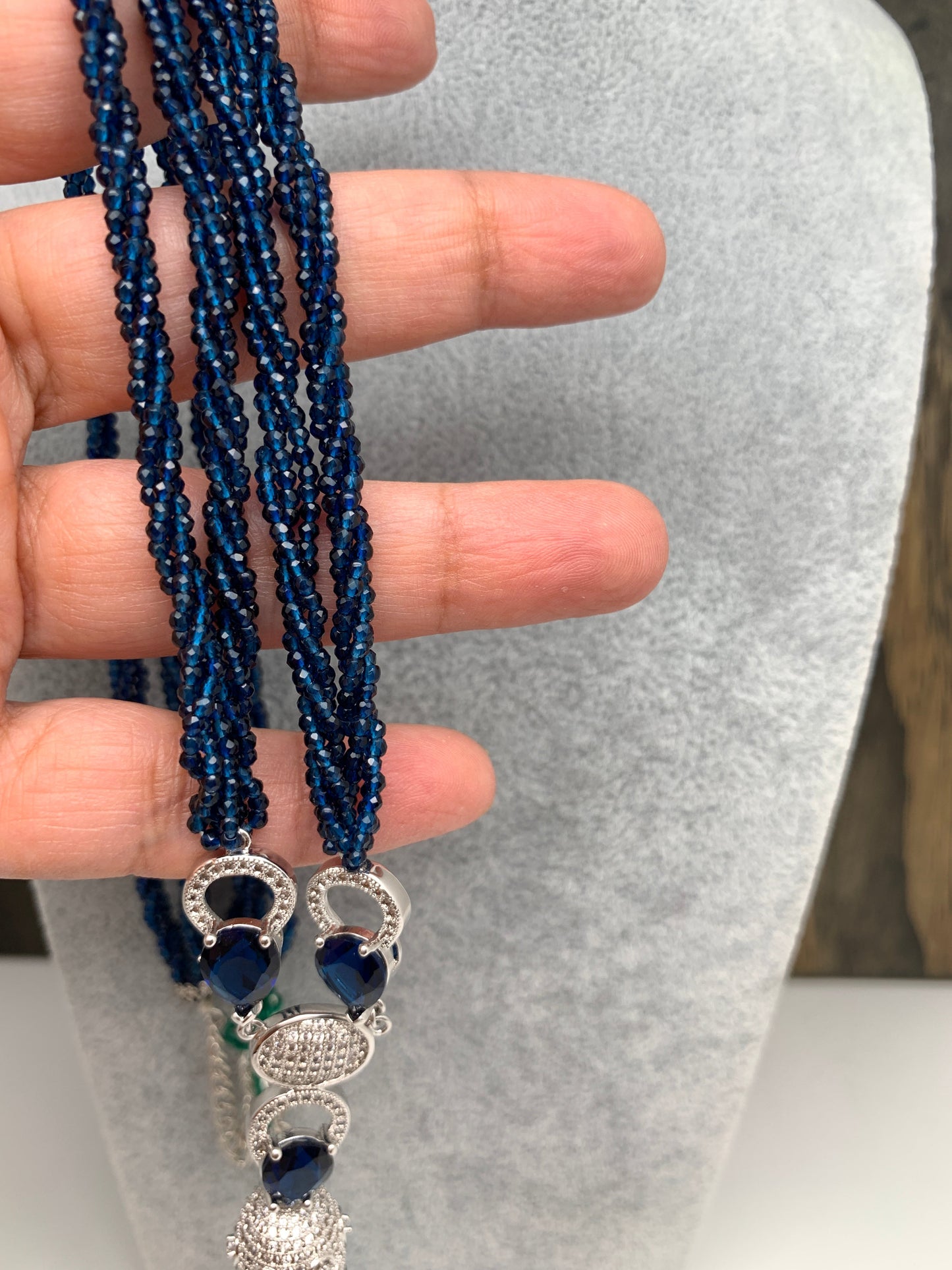 Blue Stone Pendent Twisted Blue Hydro Beads Long Necklace