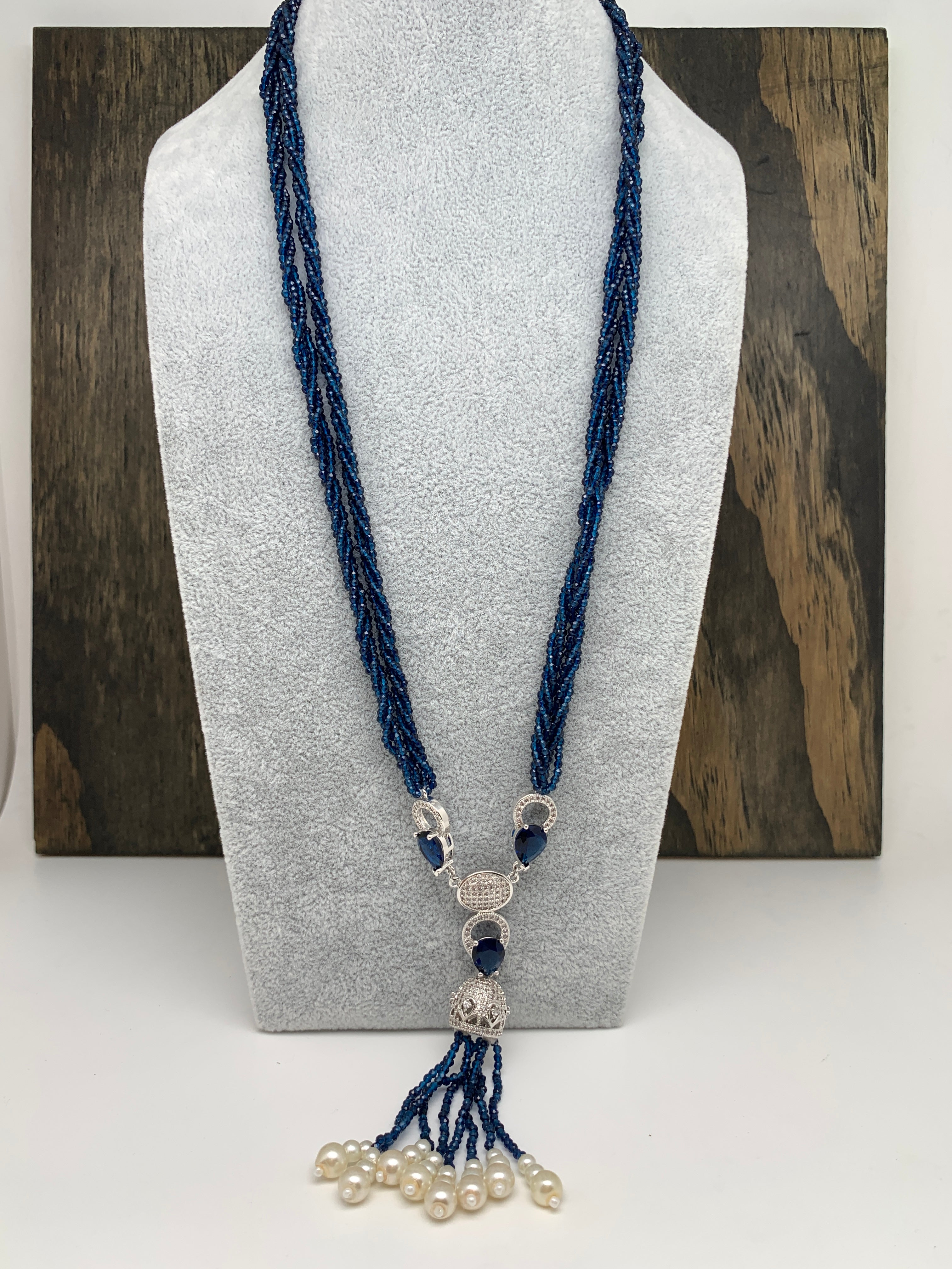 Blue Stone Pendent Twisted Blue Hydro Beads Long Necklace