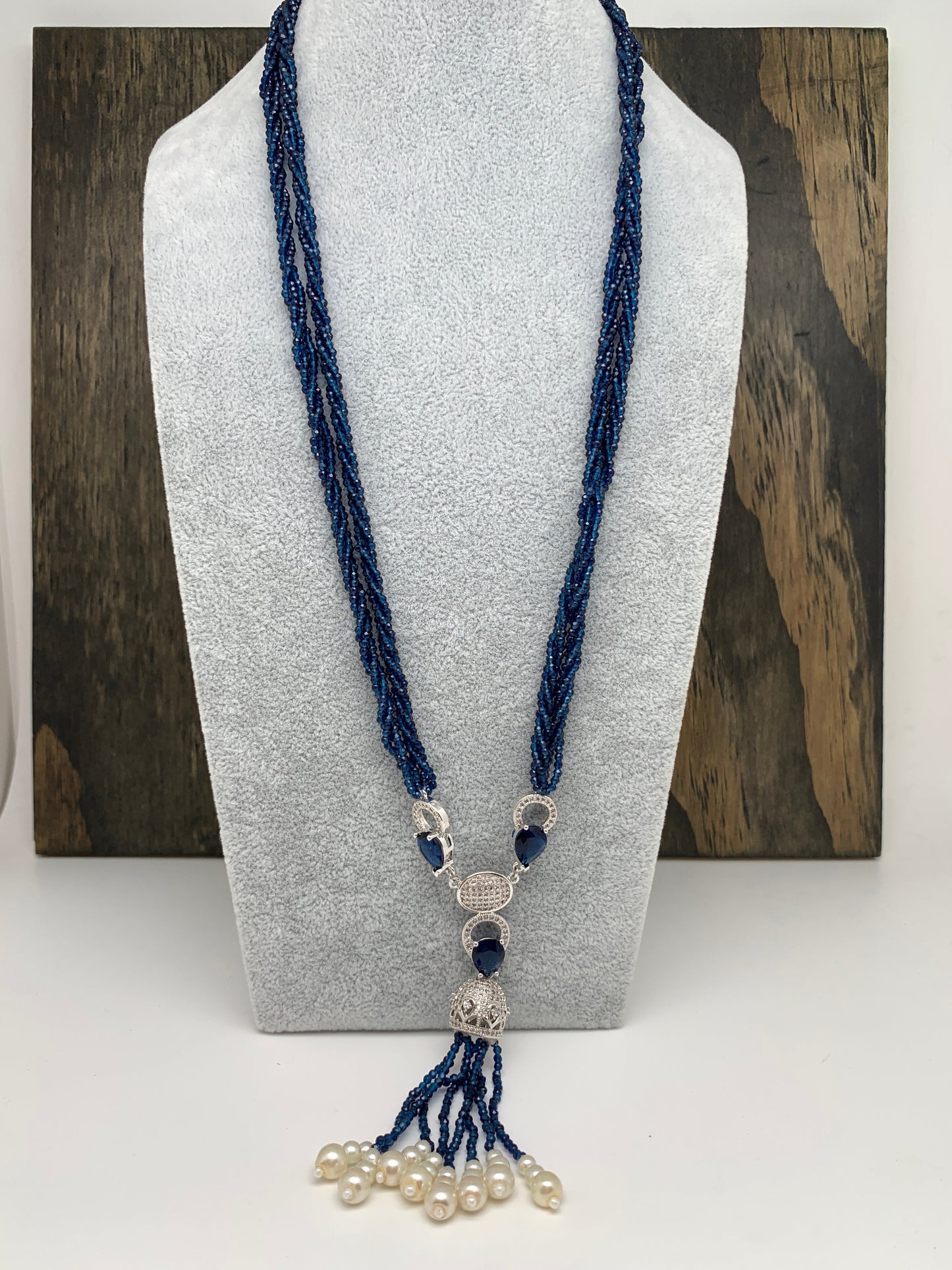Blue Stone Pendent Twisted Blue Hydro Beads Long Necklace