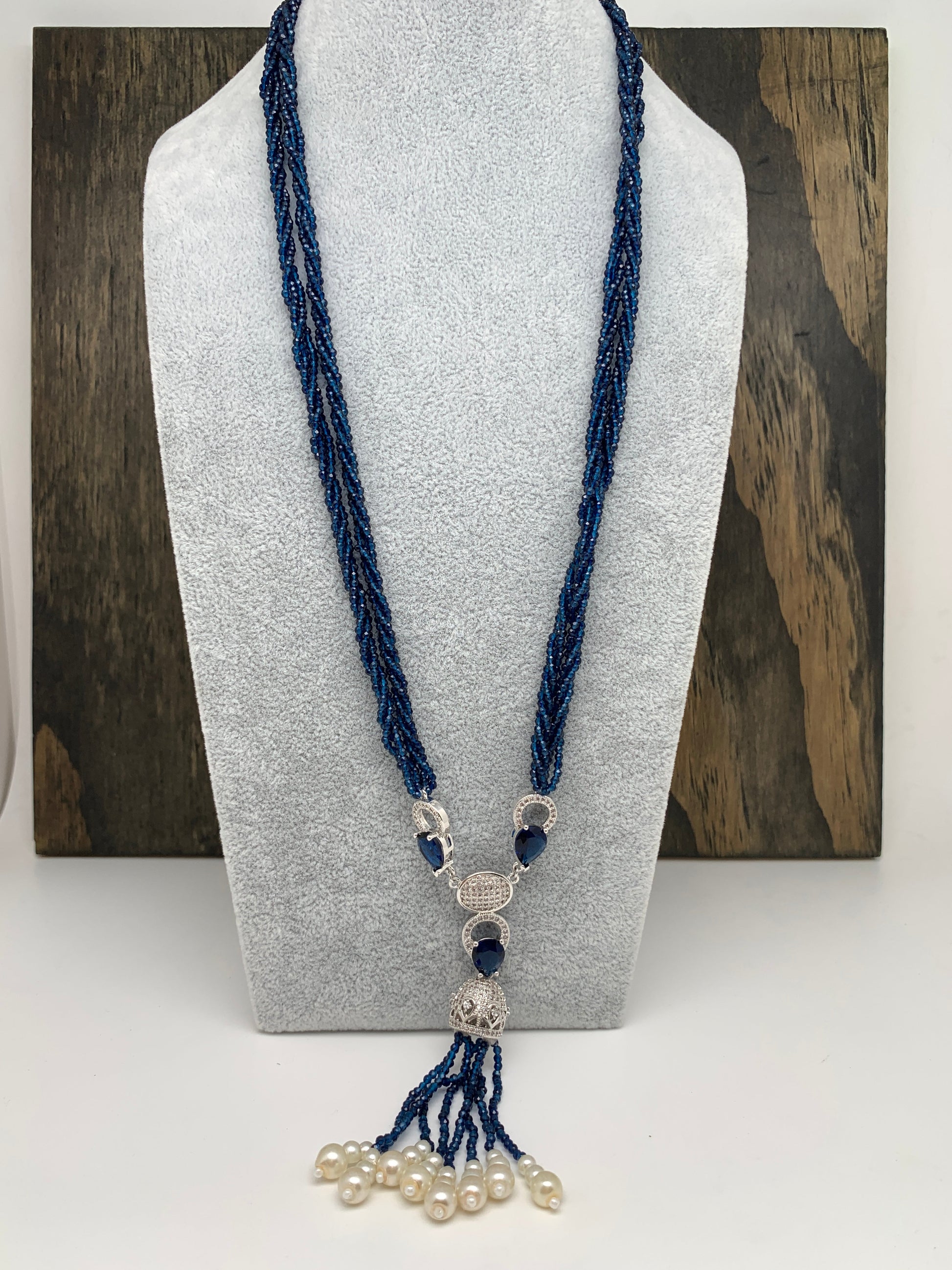 Blue Stone Pendent Twisted Blue Hydro Beads Long Necklace