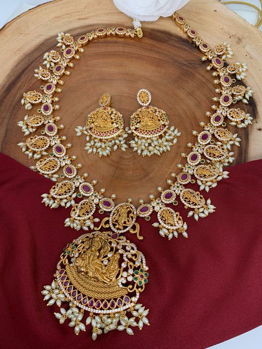 Dashavataram Red Stone Long Haar with Rice Pearls