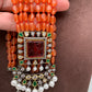Red Green Stone AD Victorian Polish Pendent and Orange Monalisa Beads Necklace