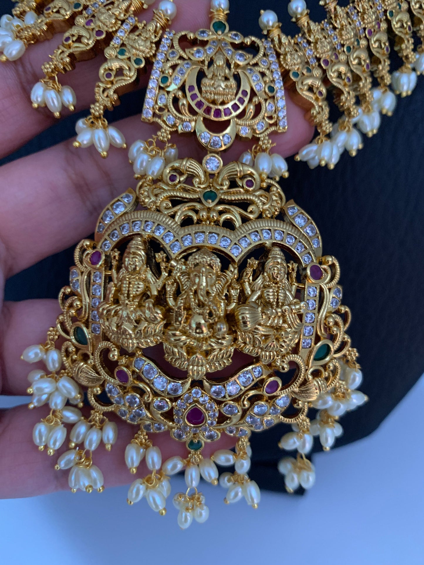 Lord Ganesha Lakshmi Ji Saraswati Ji Pendent Long Guttapusalu Necklace