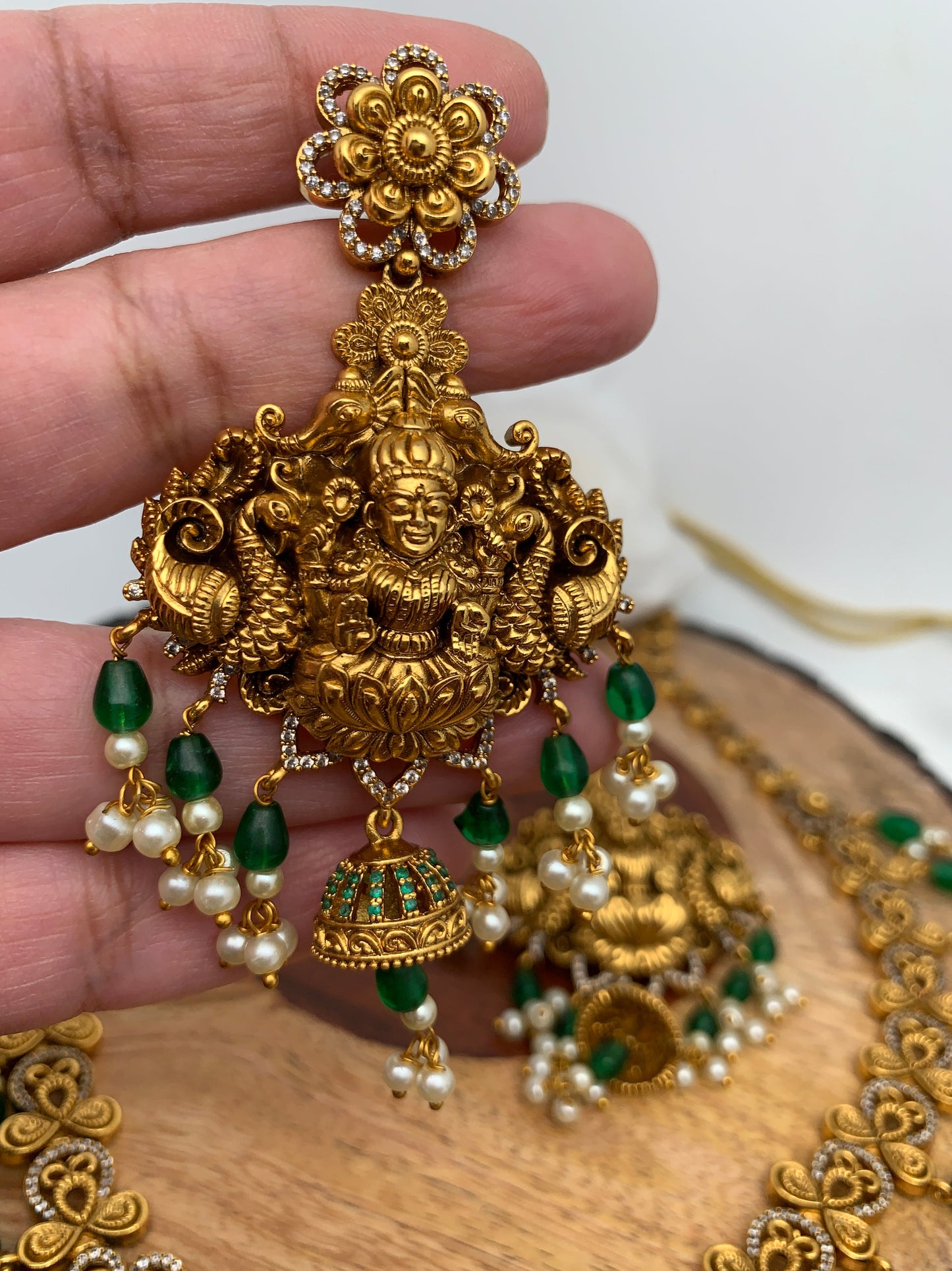 Goddess Lakshmi Matte Finish Green Beads Long Necklace