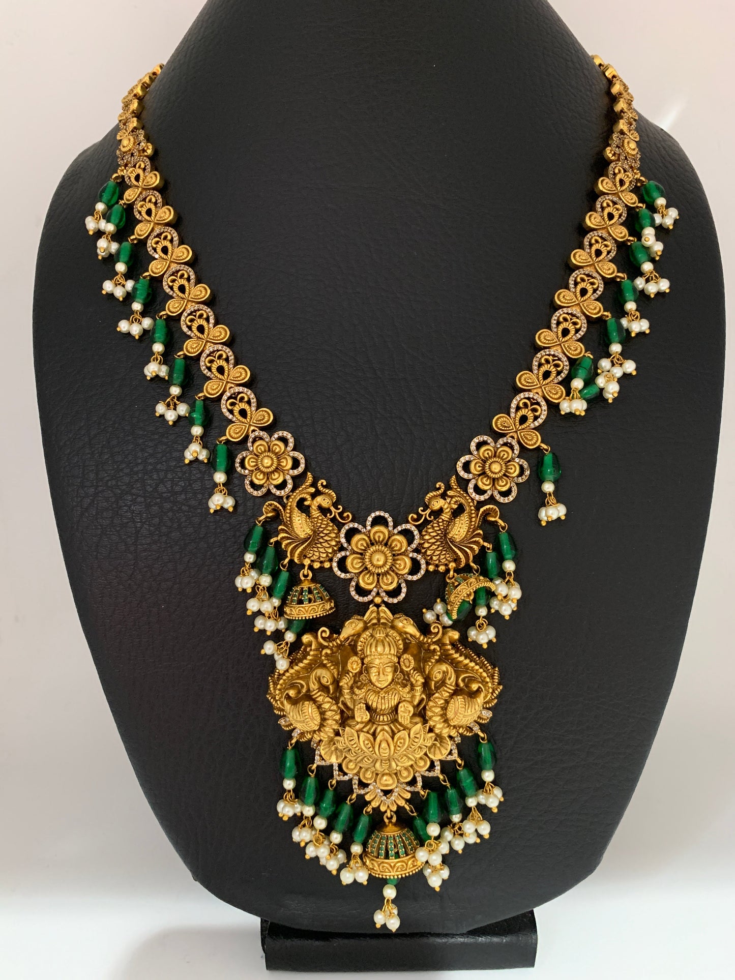 Goddess Lakshmi Matte Finish Green Beads Long Necklace