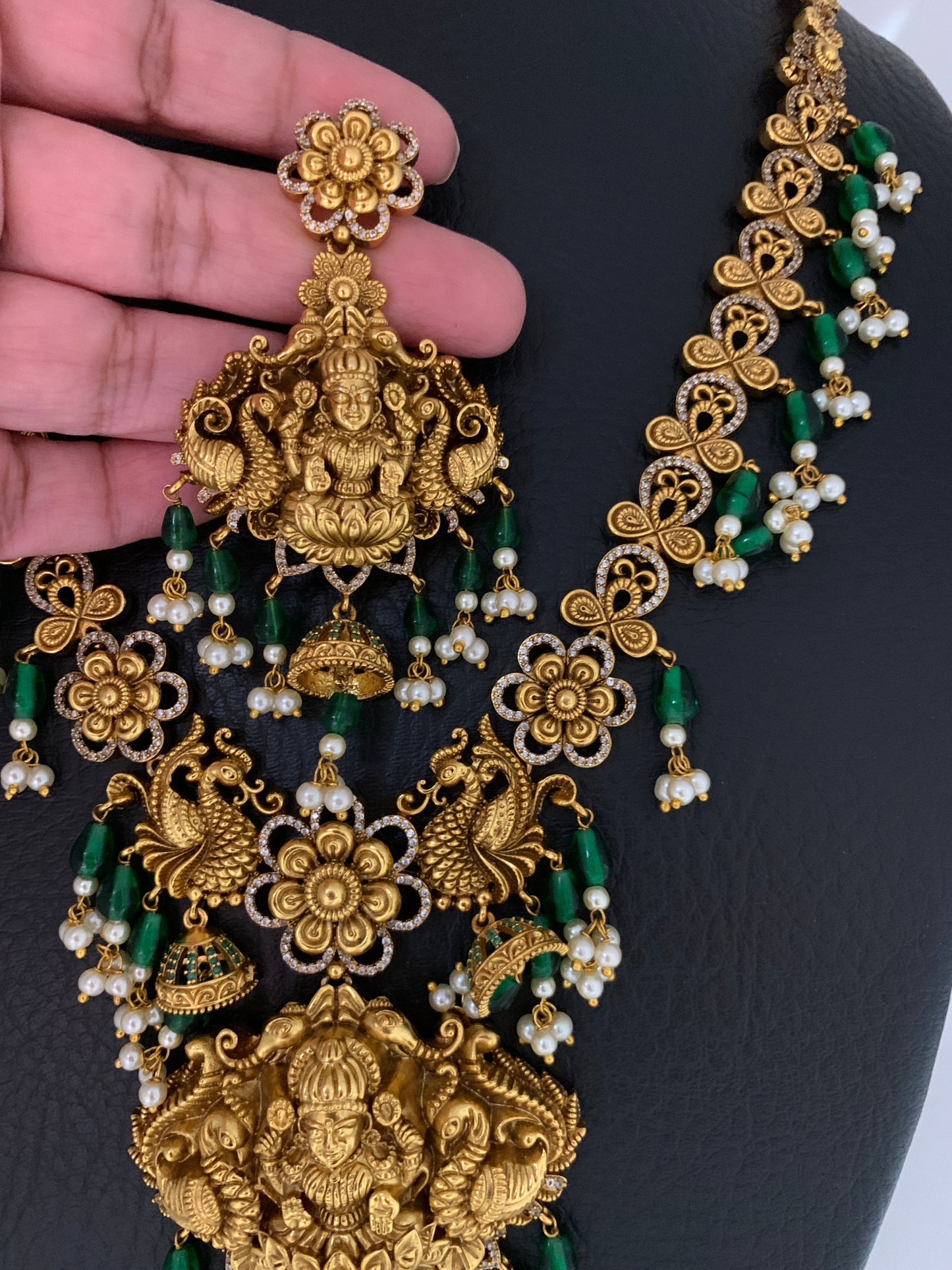 Goddess Lakshmi Matte Finish Green Beads Long Necklace
