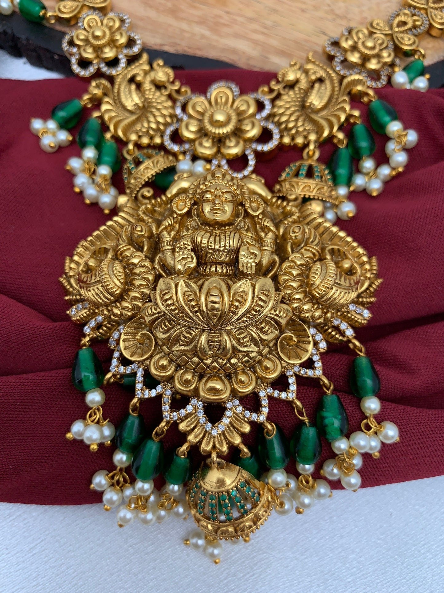 Goddess Lakshmi Matte Finish Green Beads Long Necklace