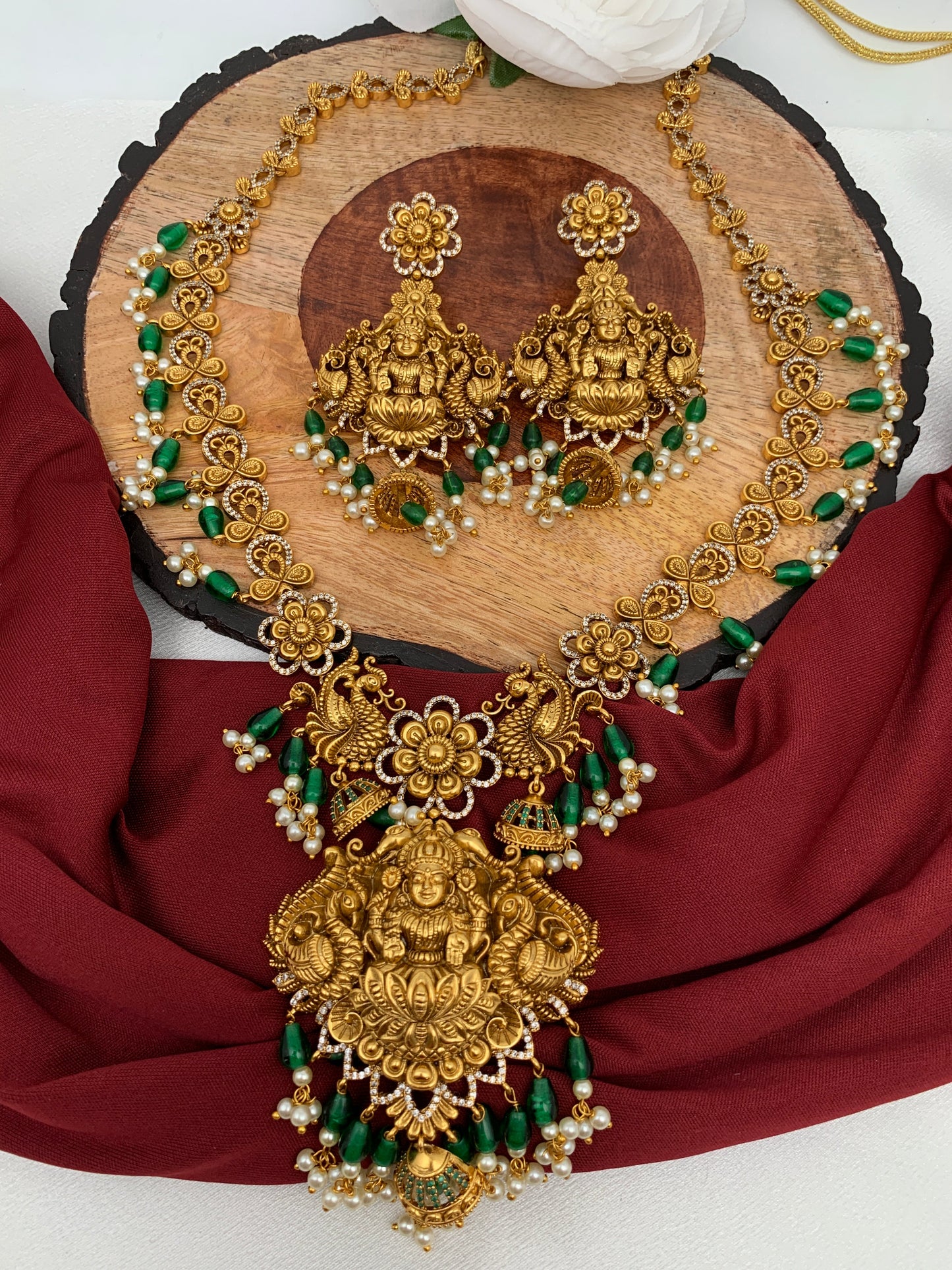 Goddess Lakshmi Matte Finish Green Beads Long Necklace
