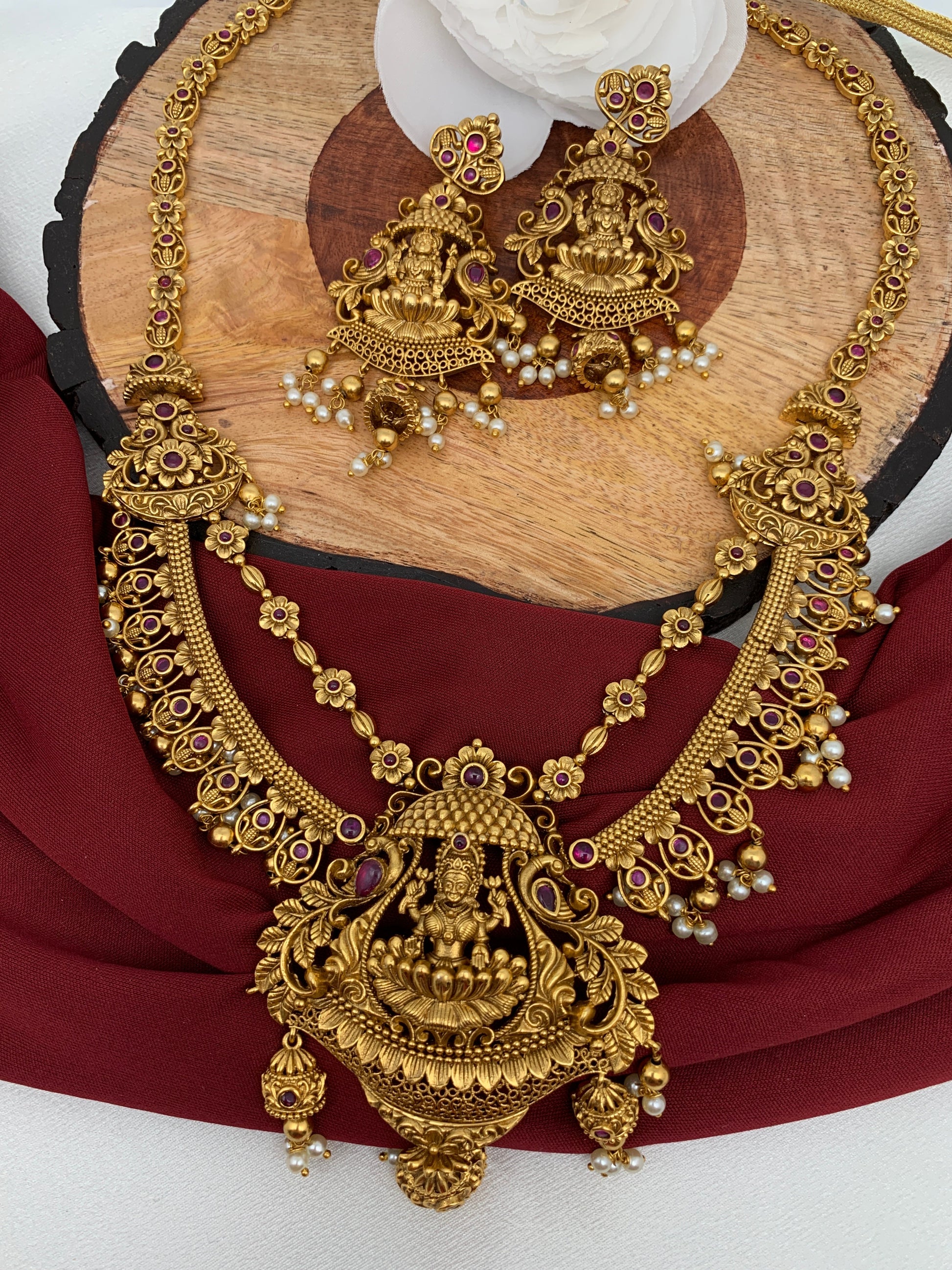 Goddess Lakshmi Matte Finish Red Kemp Long Necklace