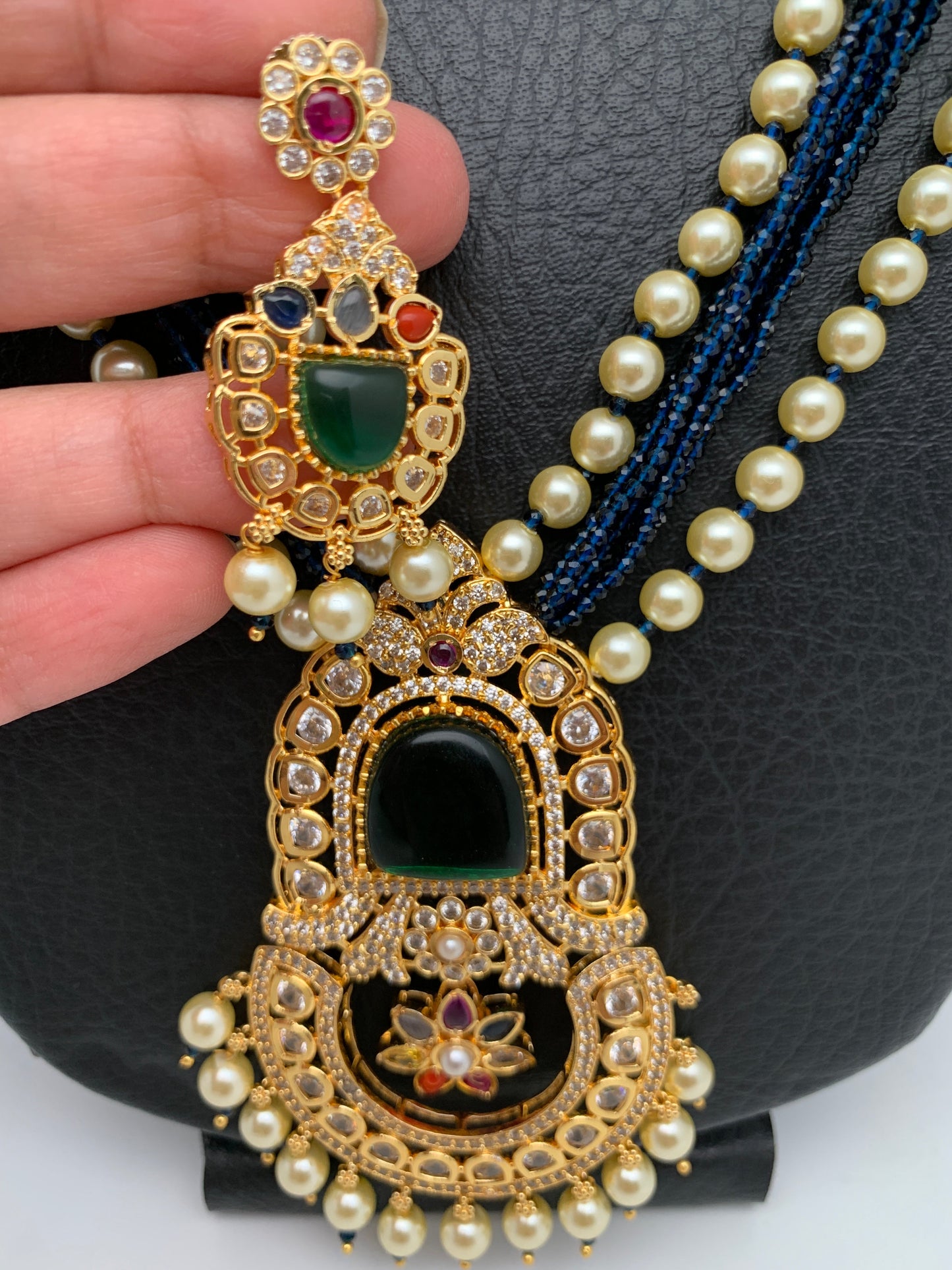 Green Stone AD Pendent and Green Crystal Beads Pearls Necklace