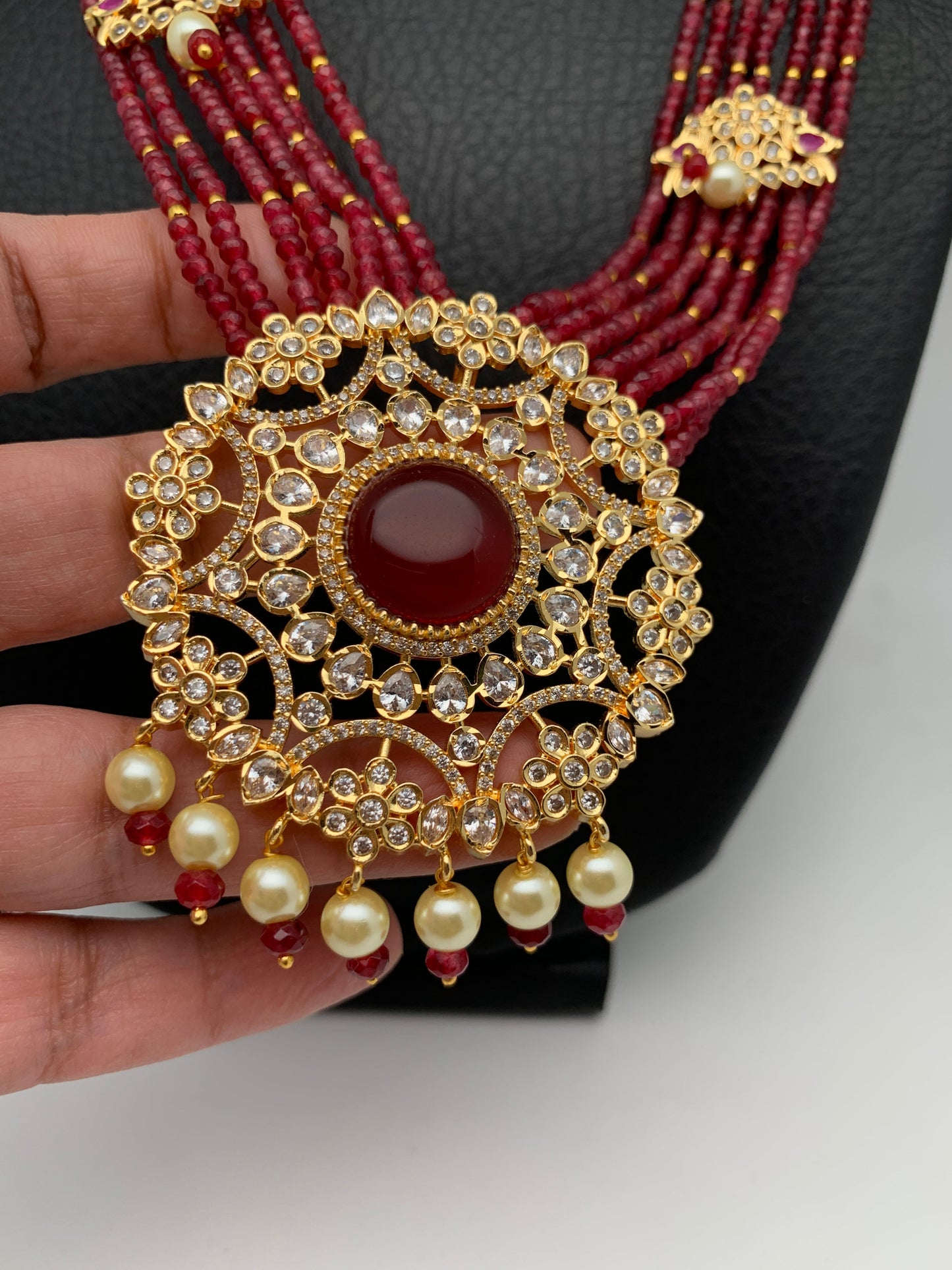 Red Stone AD Pendent and Pink Onyx Beads Necklace