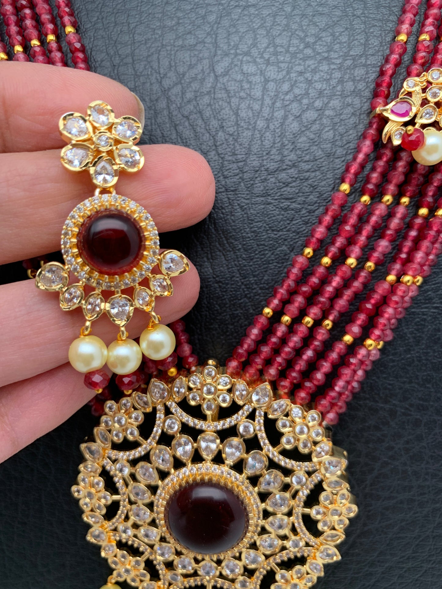 Red Stone AD Pendent and Pink Onyx Beads Necklace