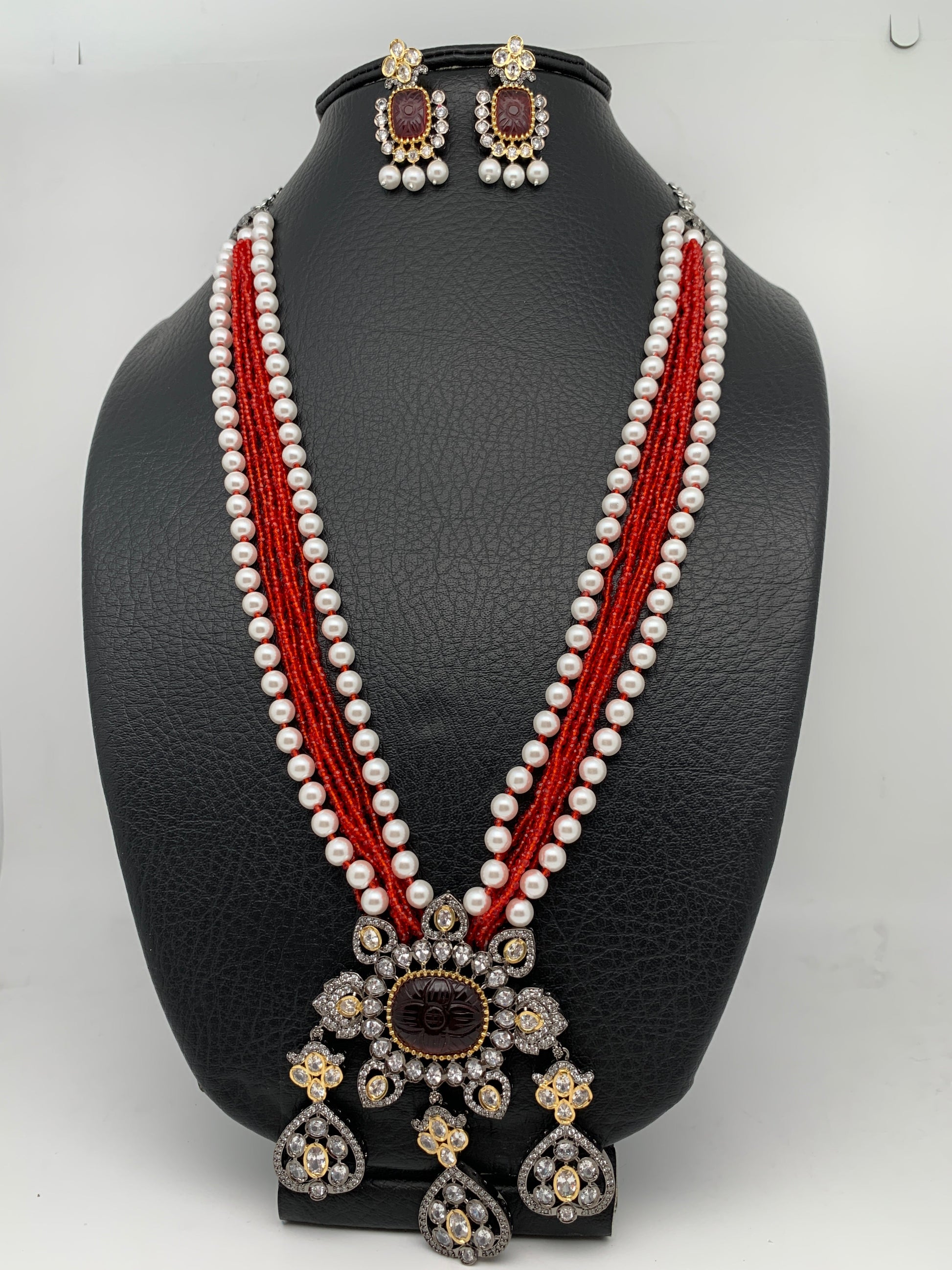 Red Stone AD Victorian Polish Pendent and Red Crystal Beads Pearls Nec –  Sheetal's FabFashion