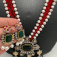 Green Stone AD Victorian Polish Pendent and Red Crystal Beads Pearls Necklace