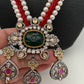 Green Stone AD Victorian Polish Pendent and Red Crystal Beads Pearls Necklace