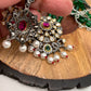 Kundan Pink Stone Victorian Polish Pendent with Green Beads Necklace Set