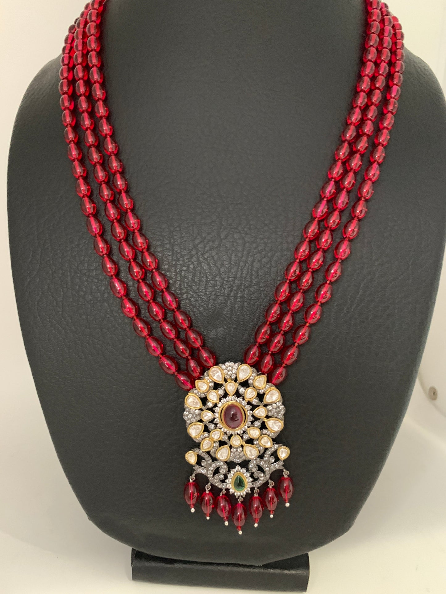 Kundan Red Green Stone Victorian Polish Pendent with Maroon Beads Necklace Set