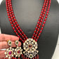 Kundan Red Green Stone Victorian Polish Pendent with Maroon Beads Necklace Set
