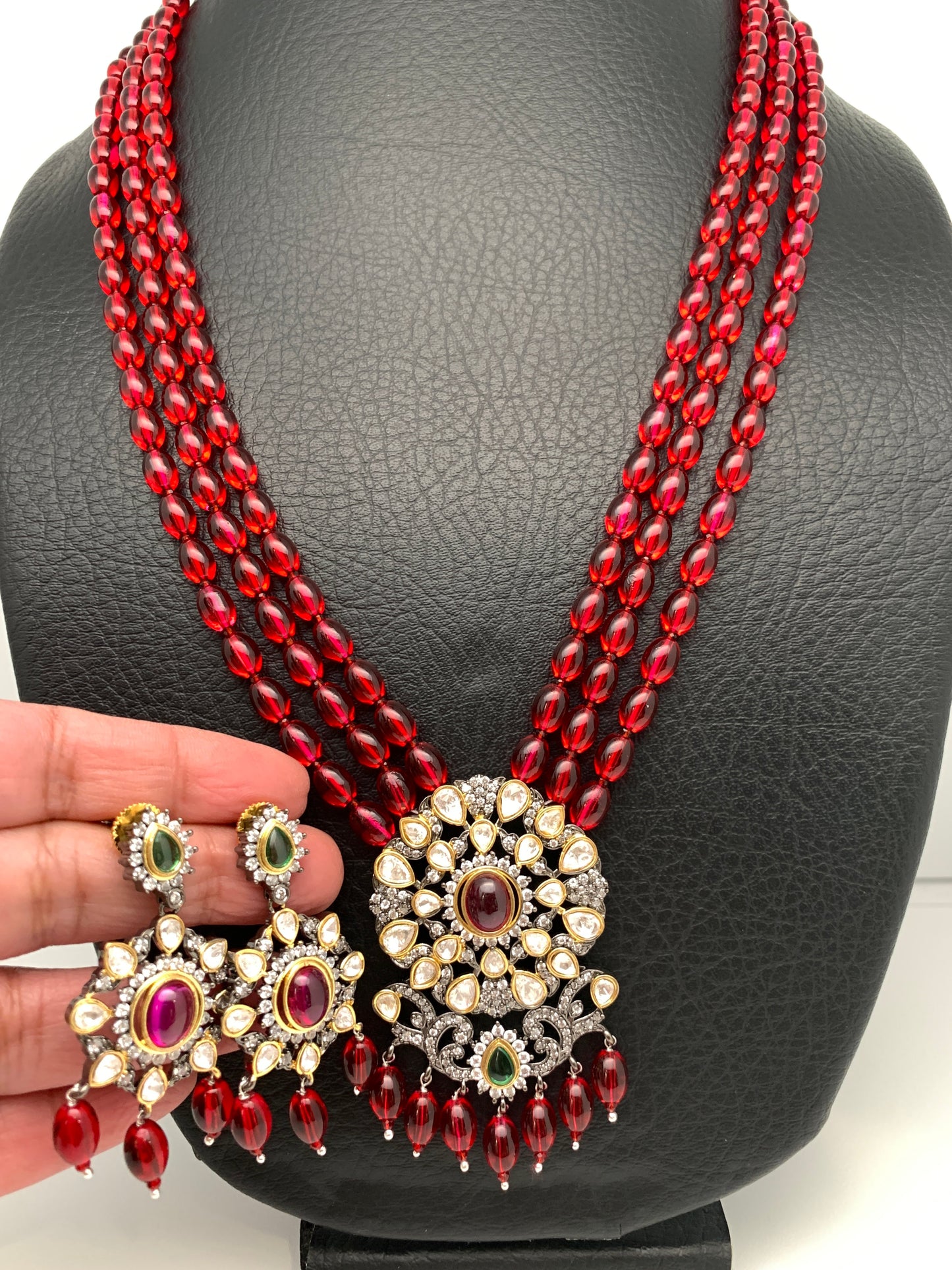 Kundan Red Green Stone Victorian Polish Pendent with Maroon Beads Necklace Set