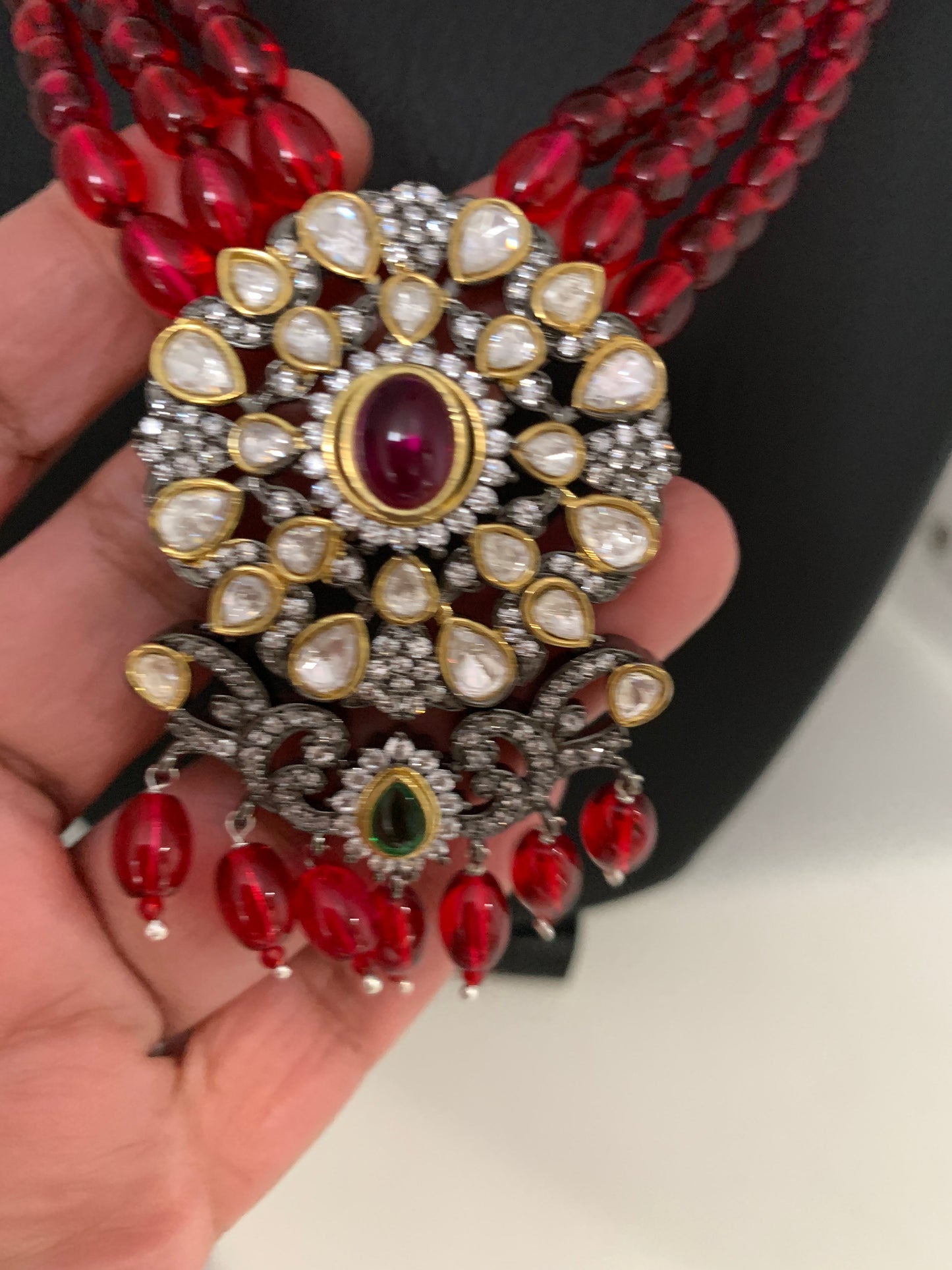 Kundan Red Green Stone Victorian Polish Pendent with Maroon Beads Necklace Set