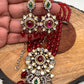 Kundan Red Green Stone Victorian Polish Pendent with Maroon Beads Necklace Set
