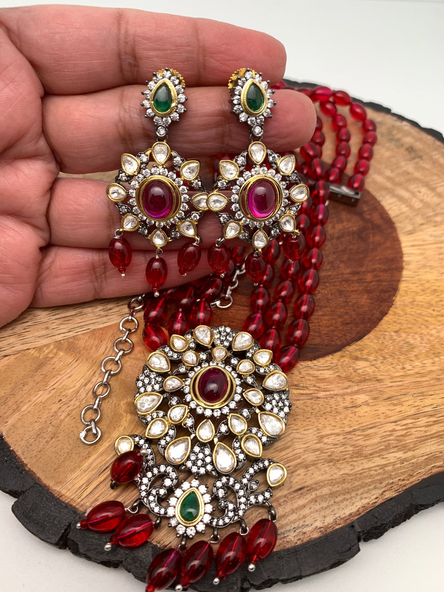 Kundan Red Green Stone Victorian Polish Pendent with Maroon Beads Necklace Set