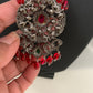 Kundan Red Green Stone Victorian Polish Pendent with Maroon Beads Necklace Set