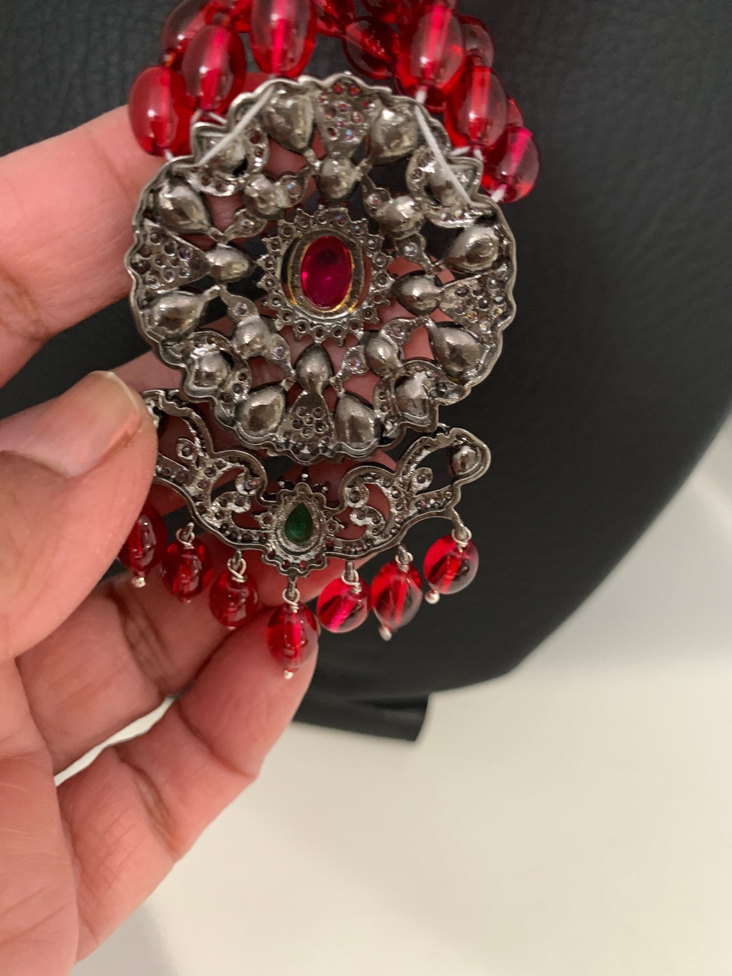 Kundan Red Green Stone Victorian Polish Pendent with Maroon Beads Necklace Set
