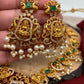 Goddess Lakshmi Green Stone CZ Peacock Pattern Long Necklace