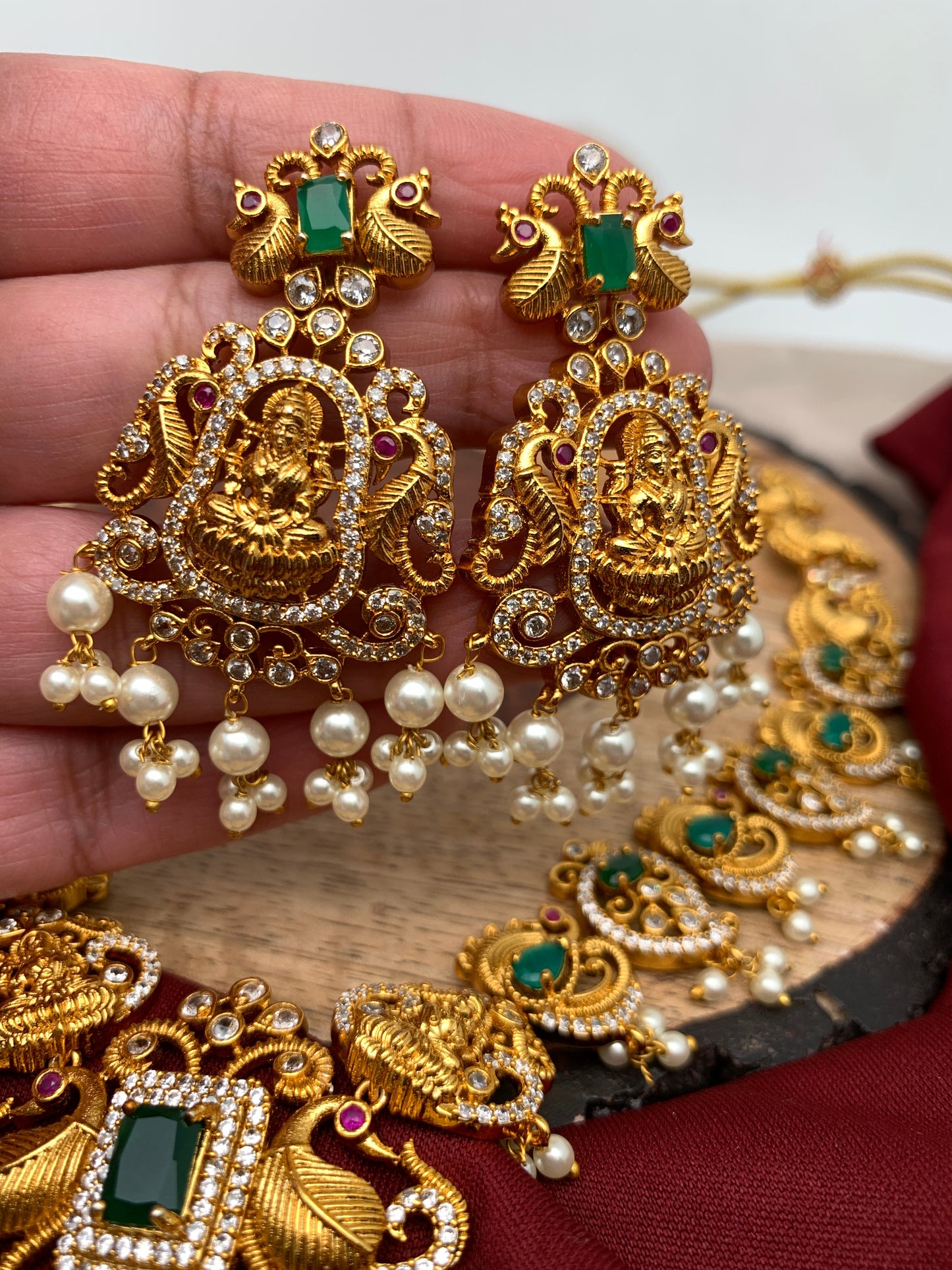 Goddess Lakshmi Green Stone CZ Peacock Pattern Long Necklace