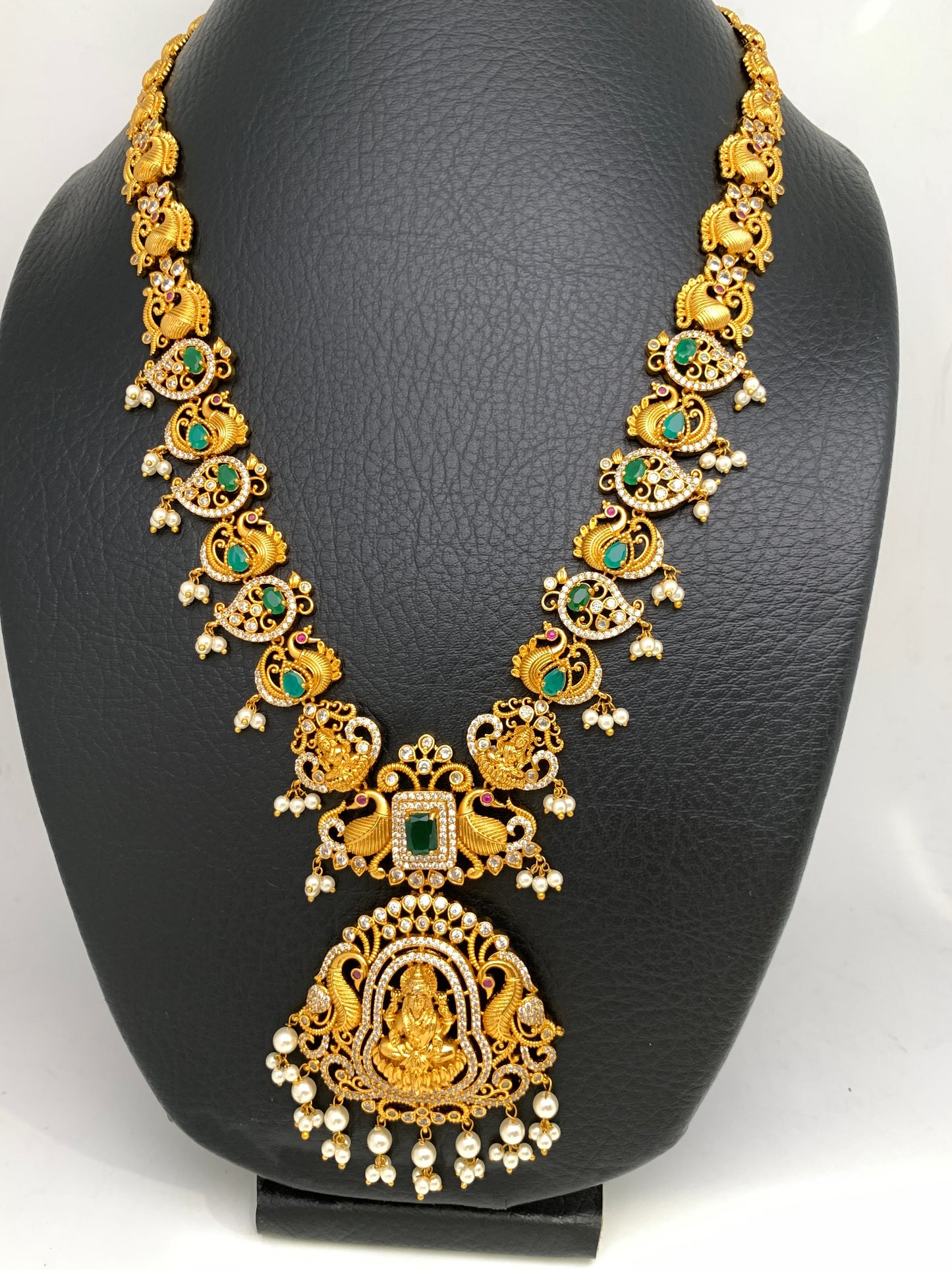 Goddess Lakshmi Green Stone CZ Peacock Pattern Long Necklace