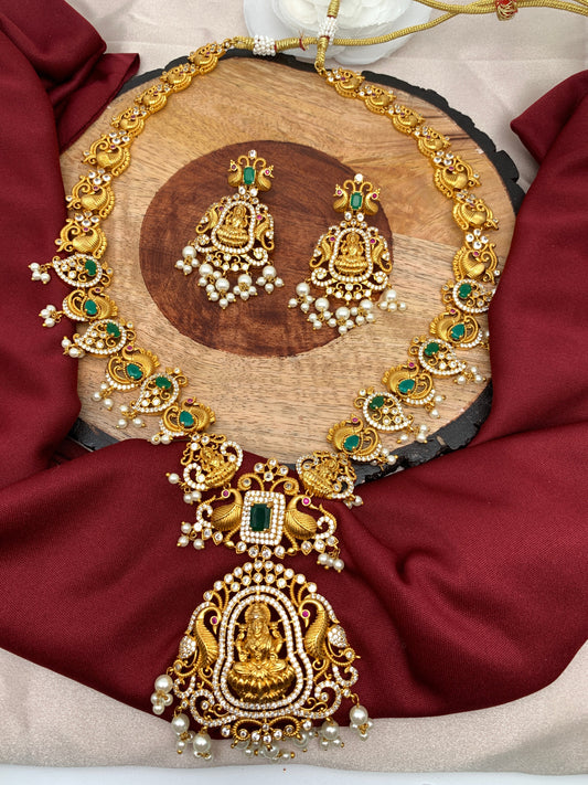 Goddess Lakshmi Green Stone CZ Peacock Pattern Long Necklace
