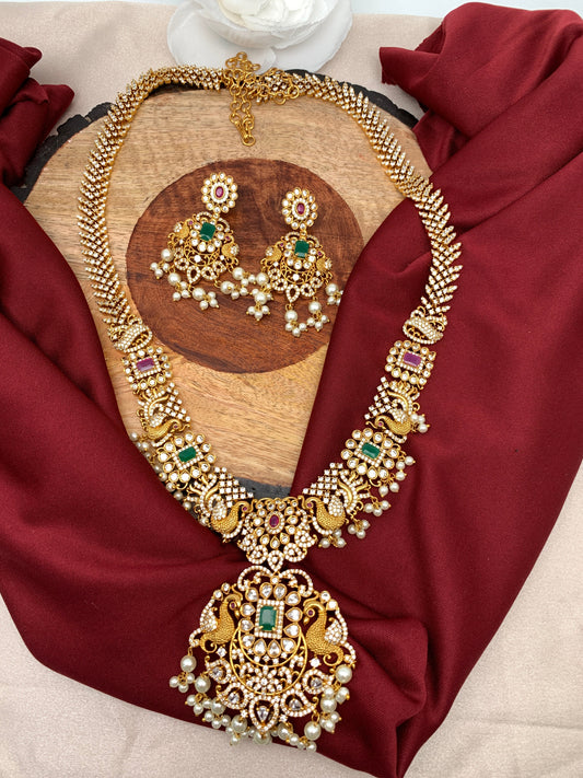 CZ Multi Stone Peacock Pattern Long Ethnic Necklace