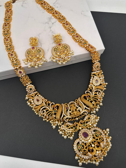 Goddess Lakshmi CZ Multi Stone Peacock Pattern Long Necklace