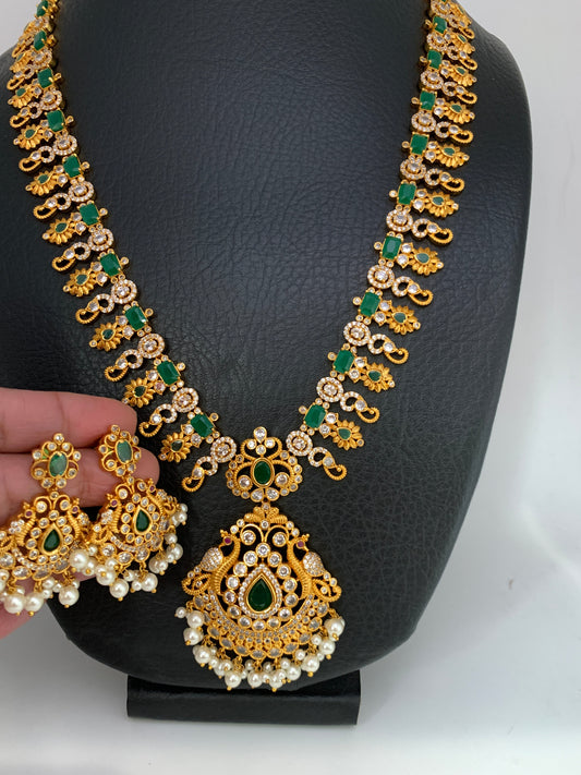 CZ Green Stone Peacock Pattern Long Necklace