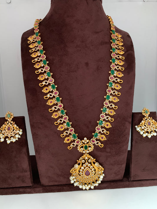 CZ Red Green Multi Stone Peacock Pattern Long Necklace