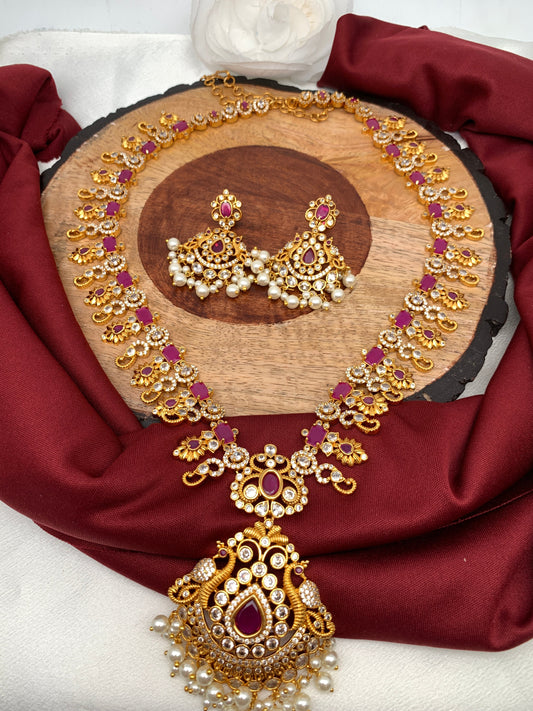 CZ Red Stone Peacock Pattern Long Necklace