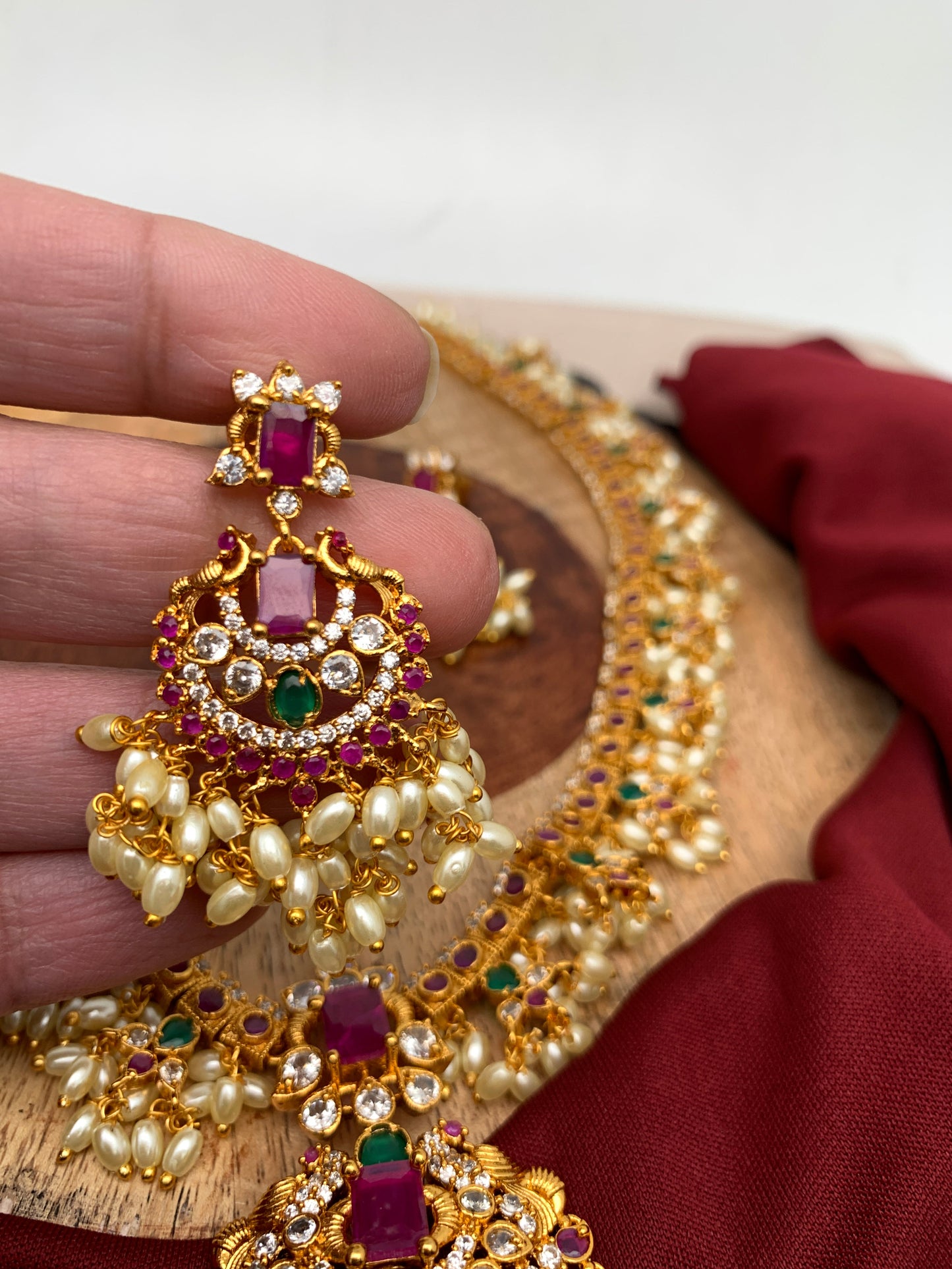 Multi Stone Rice Pearls Guttapusalu Long Necklace
