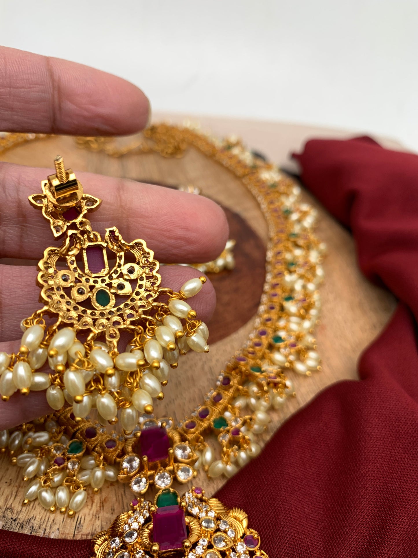 Multi Stone Rice Pearls Guttapusalu Long Necklace